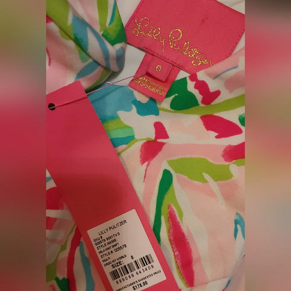 SOLD NWT Lily Pulitzer Mila shift dress, 0, pink blue green "Croc My World" - Picture 3 of 3